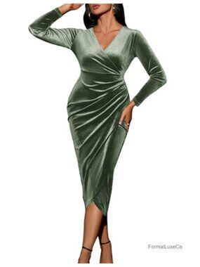 Velvet Wrap Ruched V Neck Long Sleeve Bodycon Midi Dress Plus Size